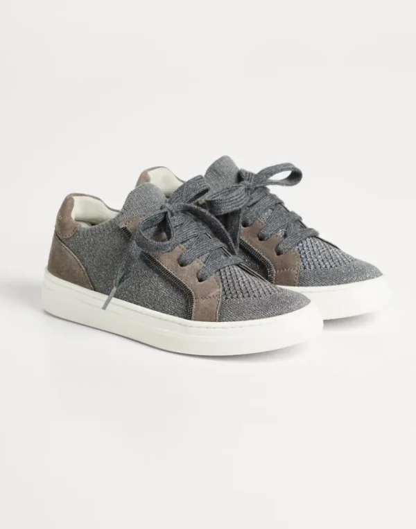 Scarpe-Brunello Cucinelli Sneakers in camoscio e maglia di cotone con monile Grigio Scuro (C074)