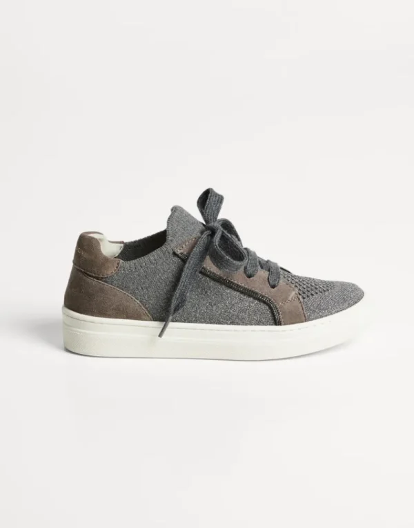 Scarpe-Brunello Cucinelli Sneakers in camoscio e maglia di cotone con monile Grigio Scuro (C074)