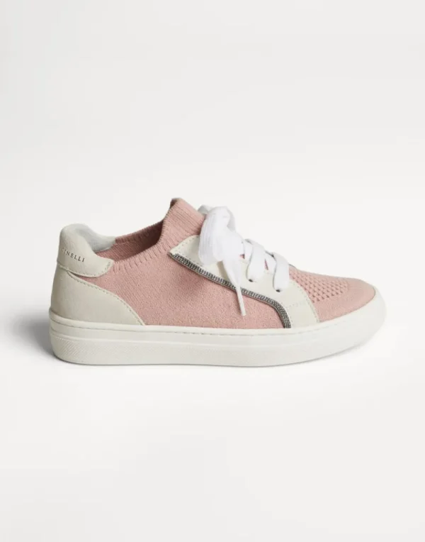 Scarpe-Brunello Cucinelli Sneakers in camoscio e maglia di cotone con monile Rosa (C7911)