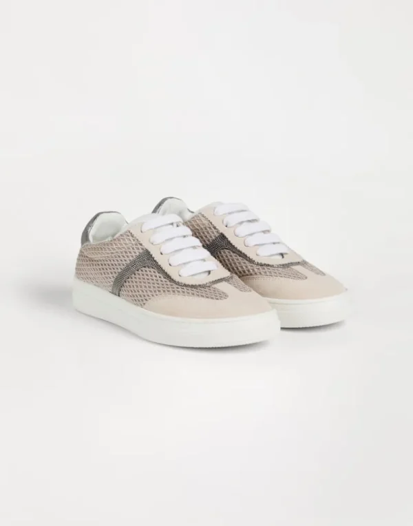 Scarpe-Brunello Cucinelli Sneakers in camoscio e Techno Net con monile Marrone Chiaro (C7680)