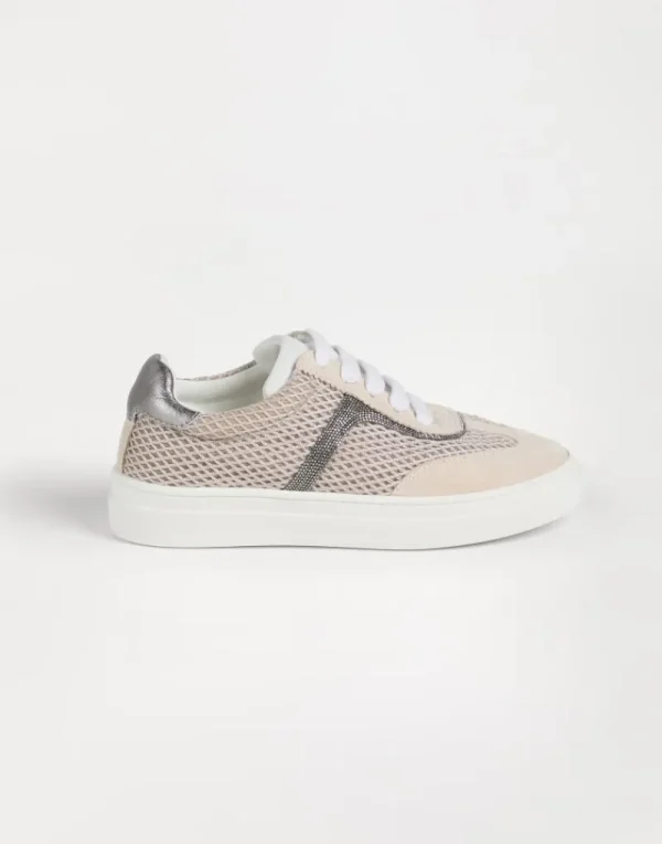 Scarpe-Brunello Cucinelli Sneakers in camoscio e Techno Net con monile Marrone Chiaro (C7680)