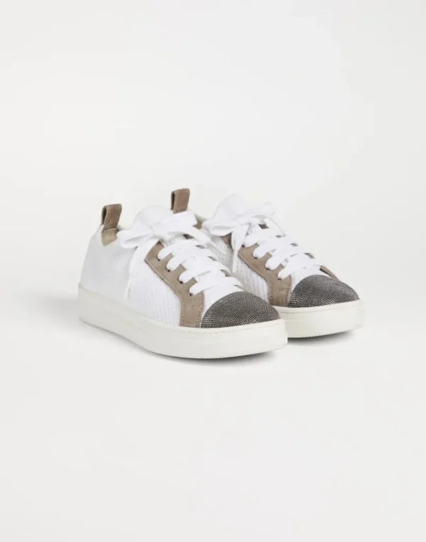 Scarpe-Brunello Cucinelli Sneakers in maglia e camoscio con monile Off-White (C001)