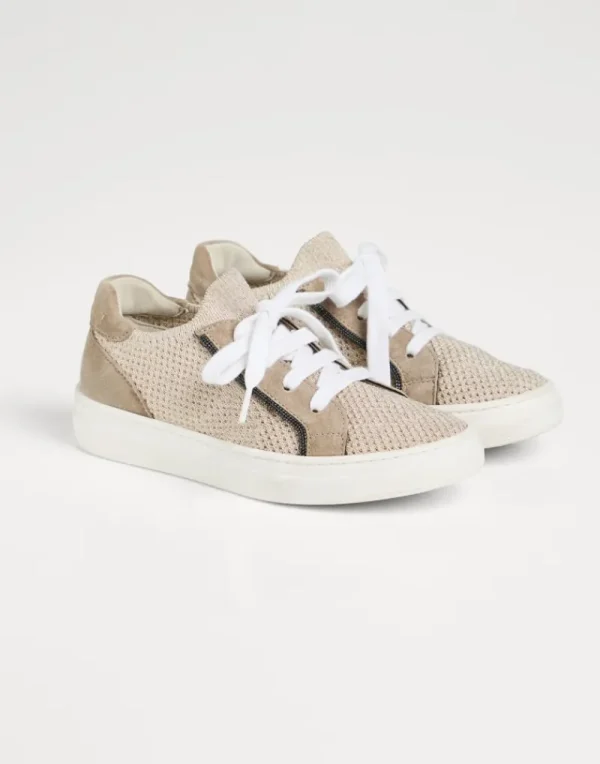 Scarpe-Brunello Cucinelli Sneakers in maglia Sparkling e camoscio con monile Oro (C1357)