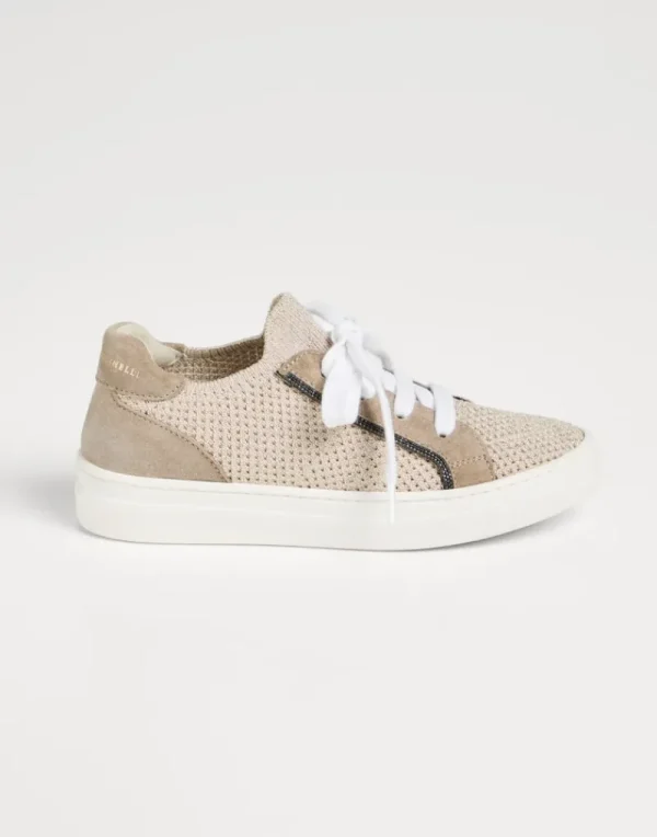 Scarpe-Brunello Cucinelli Sneakers in maglia Sparkling e camoscio con monile Oro (C1357)