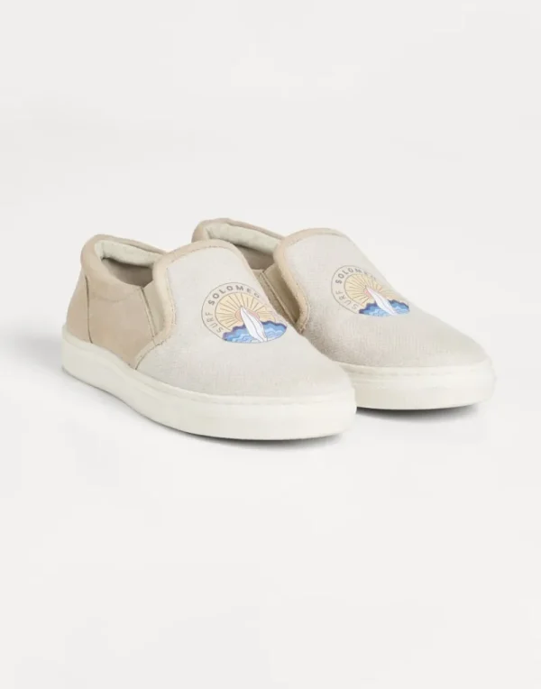 Scarpe-Brunello Cucinelli Sneakers slip-on in canvas di cotone e lino e camoscio con stampa Surf Beige Freddo (COW67)