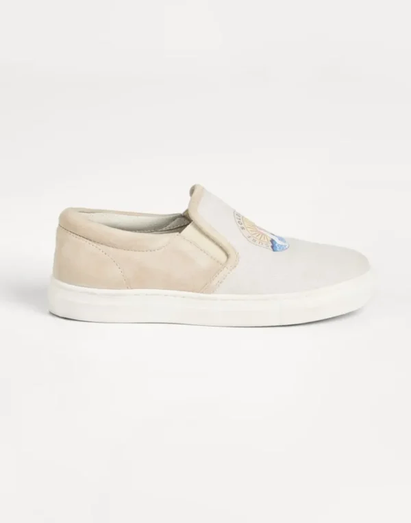 Scarpe-Brunello Cucinelli Sneakers slip-on in canvas di cotone e lino e camoscio con stampa Surf Beige Freddo (COW67)