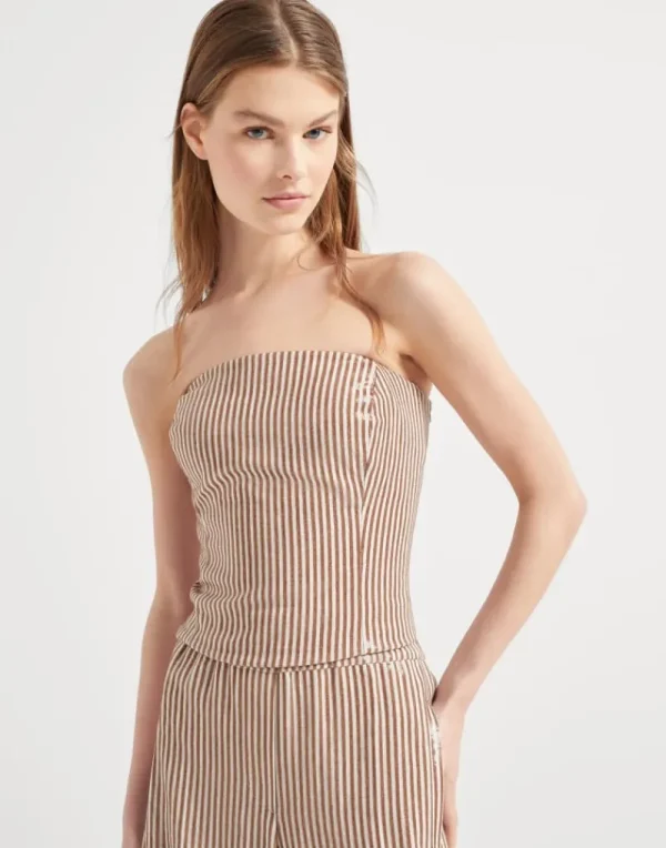 T-shirt & Top-Brunello Cucinelli Top bandeau in lino con Dazzling Stripe Embroidery Beige (C200)