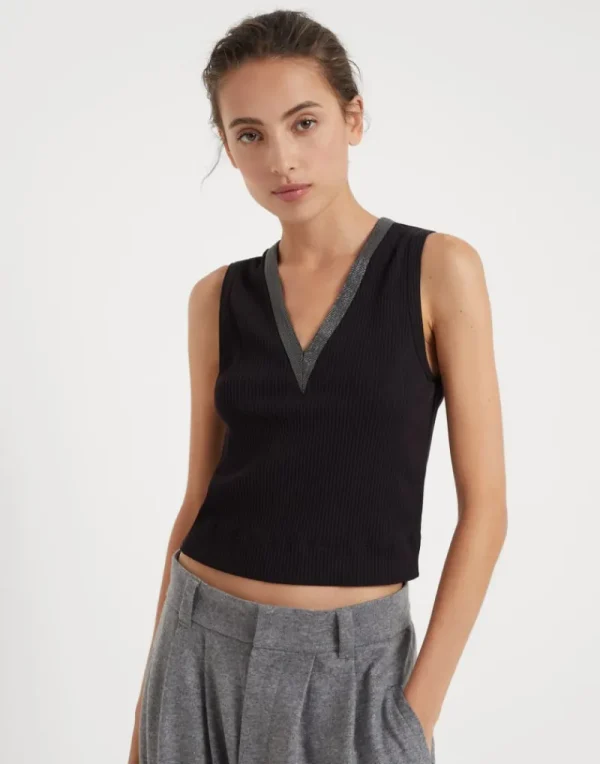 T-shirt & Top-Brunello Cucinelli Top Crop in jersey a costina di cotone stretch con Precious Neckline Nero (C101)