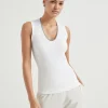 T-shirt & Top-Brunello Cucinelli Top in jersey a costina di cotone comfort con Shiny Neckline Bianco (C159)