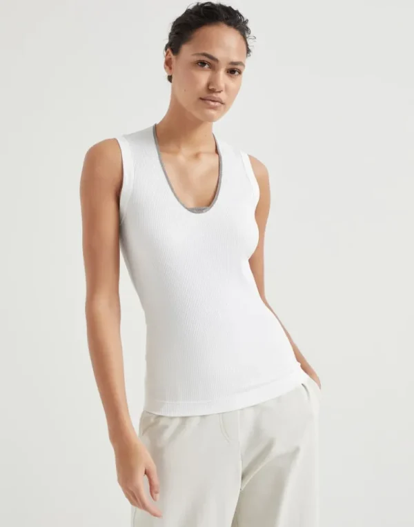 T-shirt & Top-Brunello Cucinelli Top in jersey a costina di cotone comfort con Shiny Neckline Bianco (C159)