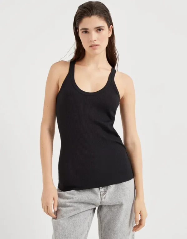 T-shirt & Top-Brunello Cucinelli Top in jersey a costina di cotone con monile Nero (C101)