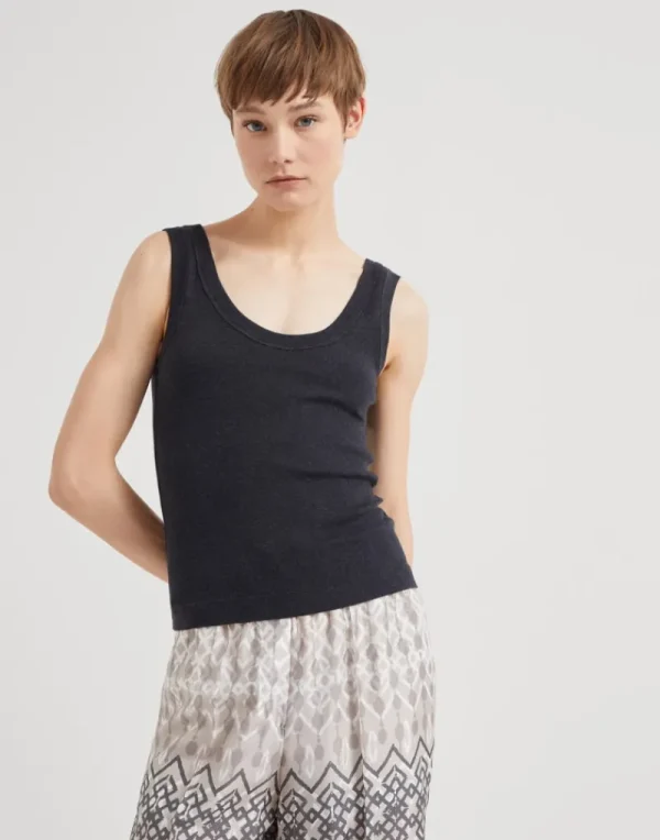 T-shirt & Top-Brunello Cucinelli Top in jersey a costina di cotone stretch con Shiny Tab Antracite (C055)