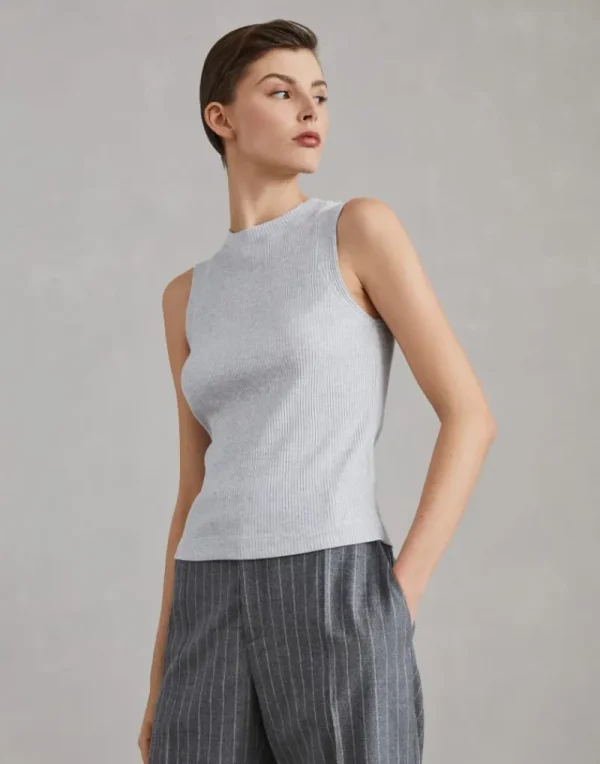 T-shirt & Top-Brunello Cucinelli Top in jersey a costina di cotone con monile Grigio Chiaro (C137)