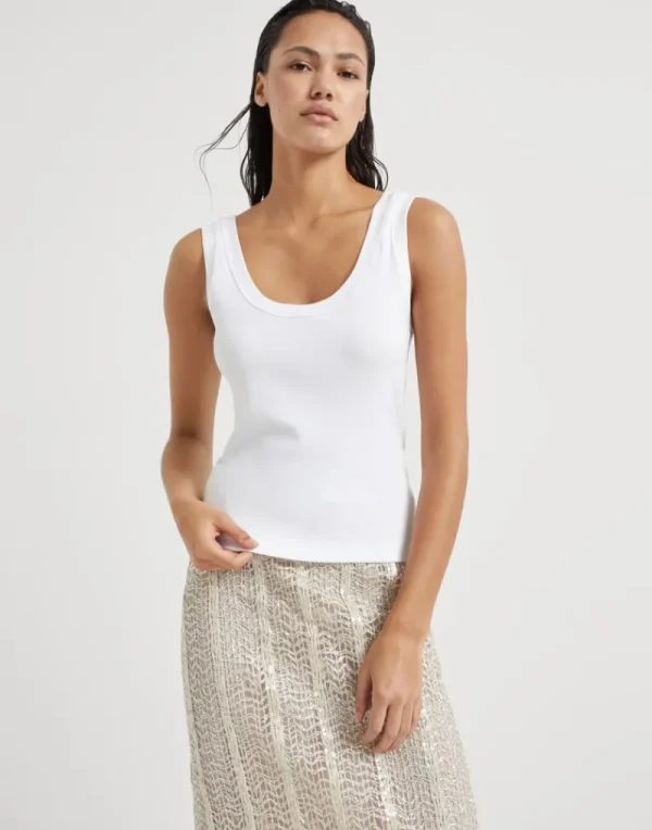 T-shirt & Top-Brunello Cucinelli Top in jersey a costina di cotone stretch con Shiny Tab Bianco (C159)