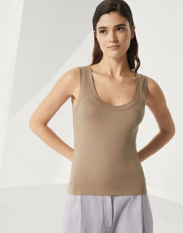 T-shirt & Top-Brunello Cucinelli Top in jersey a costine di cotone stretch con monile Noce (C9447)