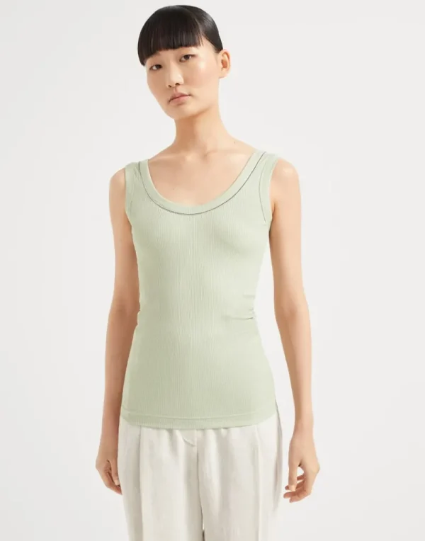 T-shirt & Top-Brunello Cucinelli Top in jersey a costine di cotone comfort con monile Menta (C9738)