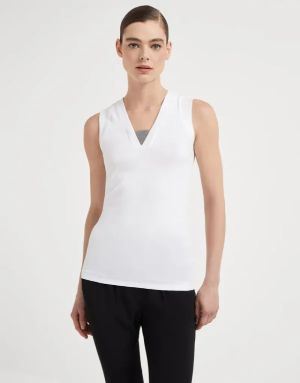 T-shirt & Top-Brunello Cucinelli Top in jersey a costine di cotone stretch con Precious Insert Bianco (C159)