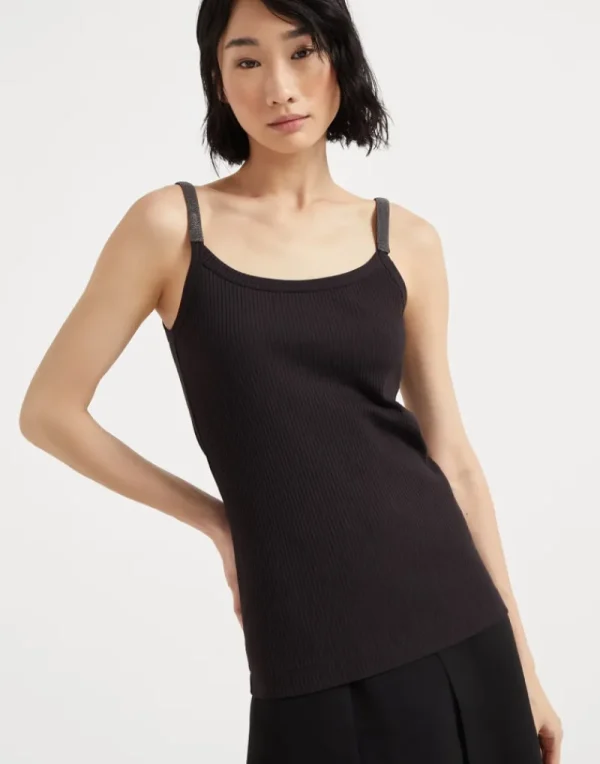 T-shirt & Top-Brunello Cucinelli Top in jersey a costine di cotone stretch con Precious Straps Nero (C101)