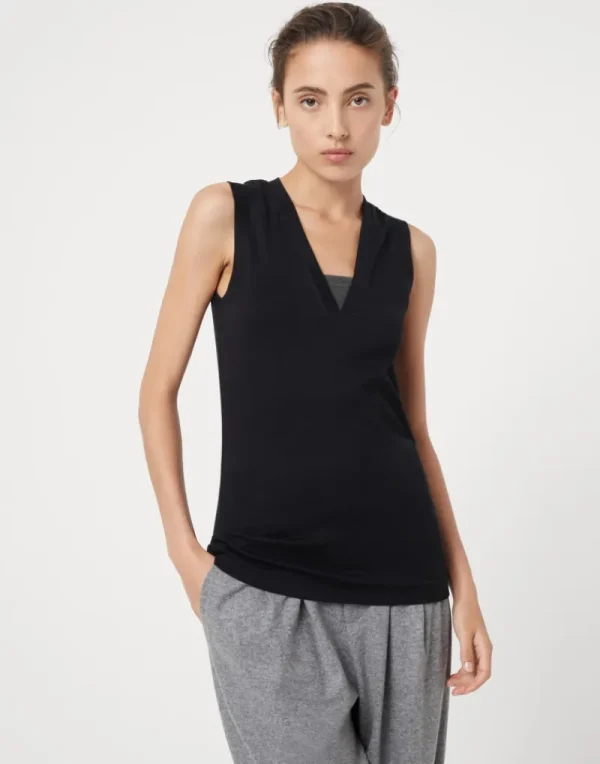 T-shirt & Top-Brunello Cucinelli Top in jersey a costine di cotone stretch con Precious Insert Nero (C101)