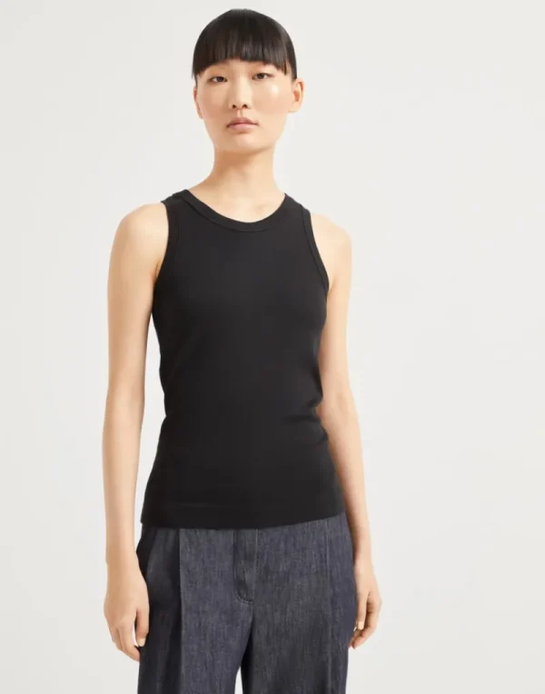 T-shirt & Top-Brunello Cucinelli Top in jersey a costine di cotone stretch con monile Nero (C101)