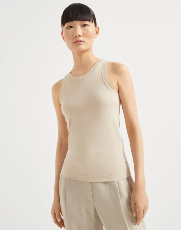 T-shirt & Top-Brunello Cucinelli Top in jersey a costine di cotone stretch con monile Beige (C8539)