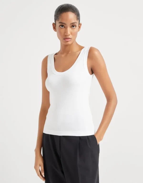 T-shirt & Top-Brunello Cucinelli Top in jersey a costine di cotone stretch con monile Bianco (C159)