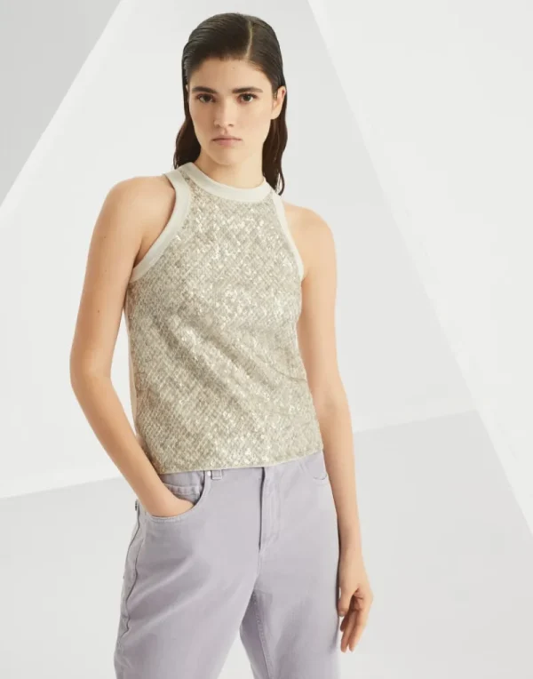 T-shirt & Top-Brunello Cucinelli Top in jersey di cotone stretch con Dazzling Net Embroidery Grigio Chiaro (C9443)