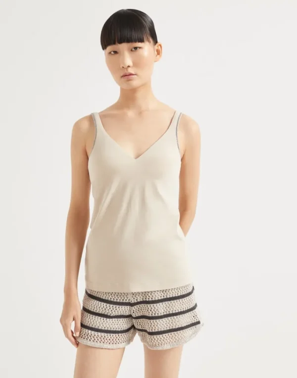 T-shirt & Top-Brunello Cucinelli Top in jersey di cotone stretch con Shiny Straps Sabbia (C8539)