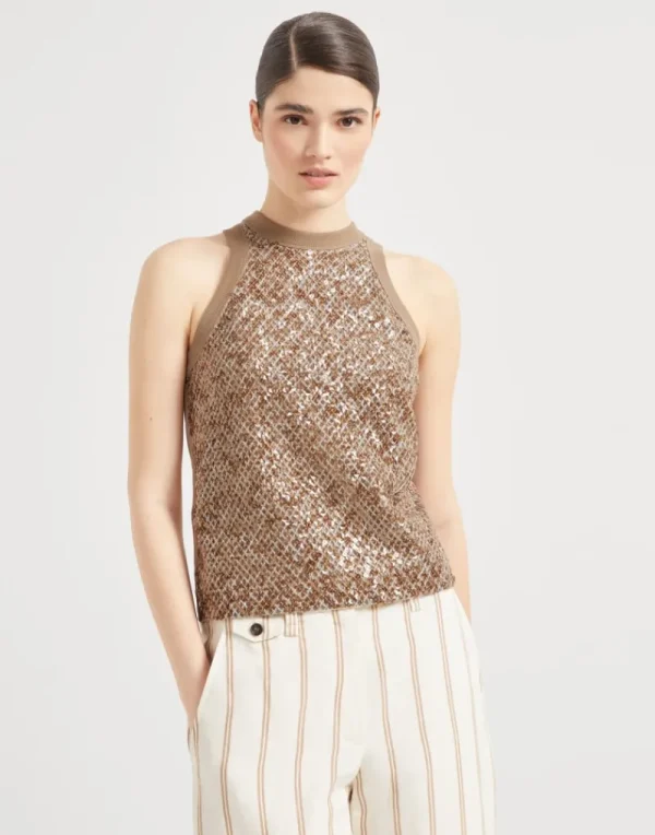 T-shirt & Top | Event Dressing-Brunello Cucinelli Top in jersey di cotone stretch con Dazzling Net Embroidery Noce (C9447)