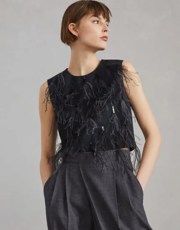 T-shirt & Top | Event Dressing-Brunello Cucinelli Top in lana Tropical Luxury con Dazzling Feather Embroidery Antracite (C2803)