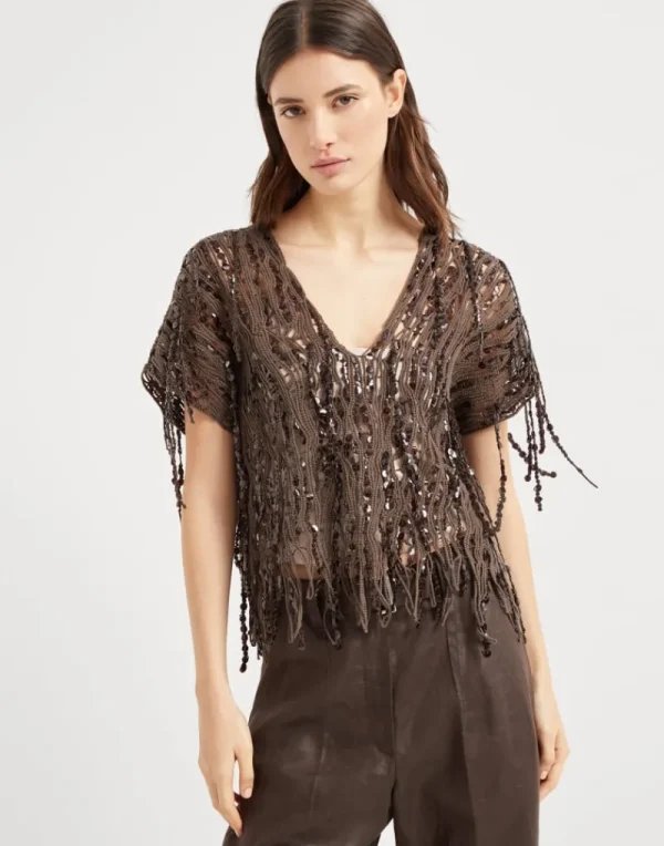 Event Dressing | Maglieria-Brunello Cucinelli Top in maglia Dazzling Abstract Embroidery di cotone Cioccolato (CLG49)