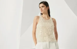 Event Dressing | Maglieria-Brunello Cucinelli Top in maglia Dazzling Mosaic Embroidery di cotone Panama (C9437)