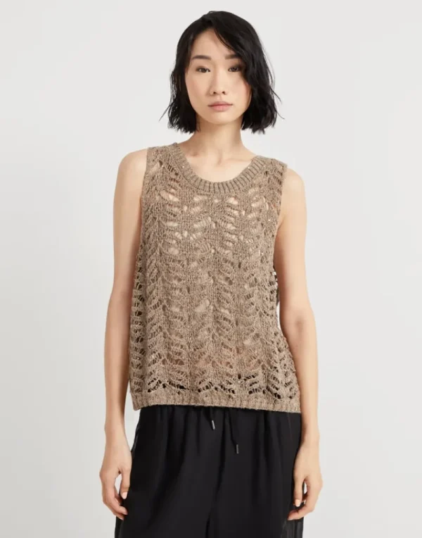 Maglieria-Brunello Cucinelli Top in maglia Foliage Lace di lino e seta Diamante Marrone Chiaro (C3765)