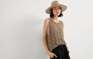 Maglieria-Brunello Cucinelli Top in maglia Foliage Lace di lino e seta Diamante Marrone Chiaro (C3765)