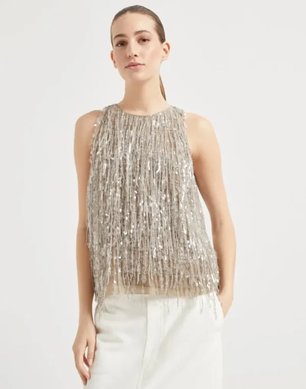 T-shirt & Top | Event Dressing-Brunello Cucinelli Top in seta Crispy con Glistening Waterfall Embroidery Noce (C9447)