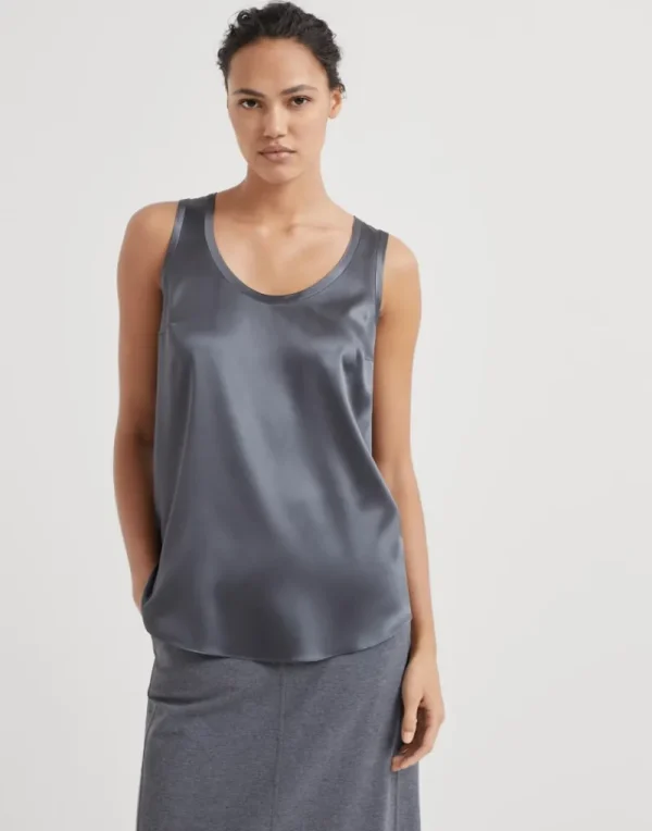 T-shirt & Top-Brunello Cucinelli Top reversibile in raso di seta stretch Antracite (C079)