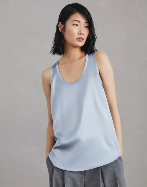 T-shirt & Top-Brunello Cucinelli Top reversibile in raso di seta stretch Denim Chiaro (C9640)