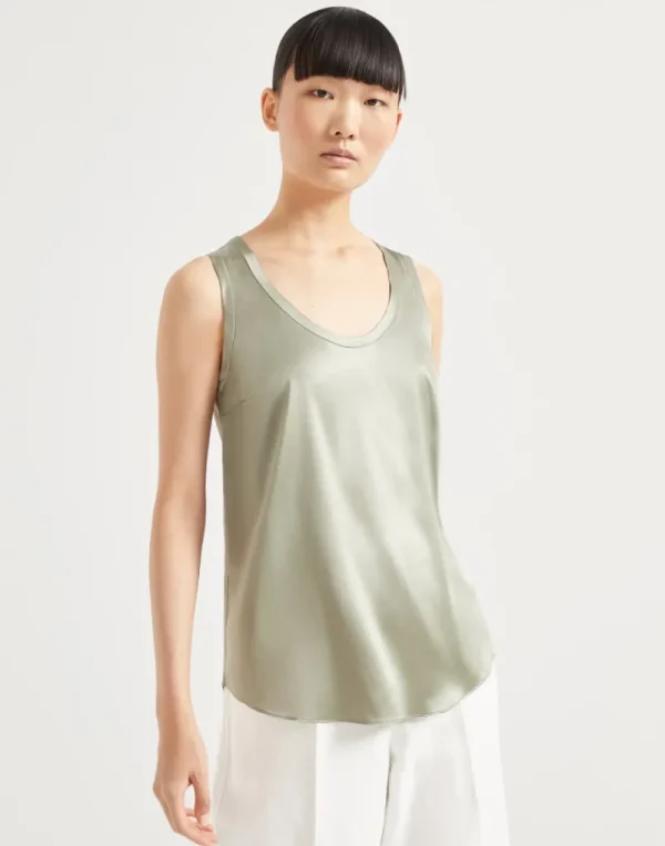 T-shirt & Top-Brunello Cucinelli Top reversibile in raso di seta stretch Verde (C3066)