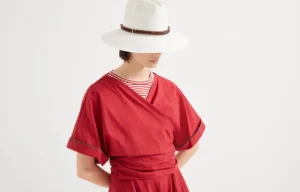 T-shirt & Top-Brunello Cucinelli Top stile kimono in popeline di cotone techno con Shiny Trims Rosso (C3118)