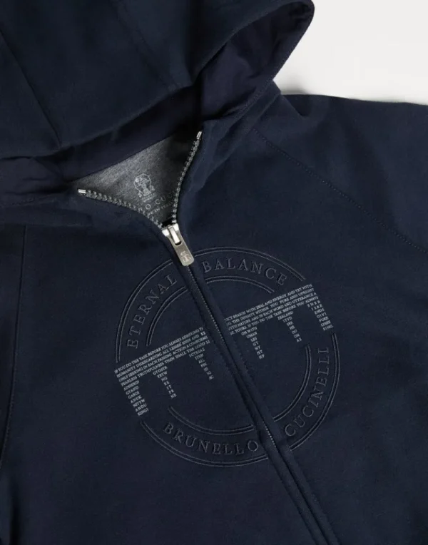 Travelwear-Brunello Cucinelli Topwear in felpa di cotone techno con cappuccio, ricamo e stampa Blu (CXM66)