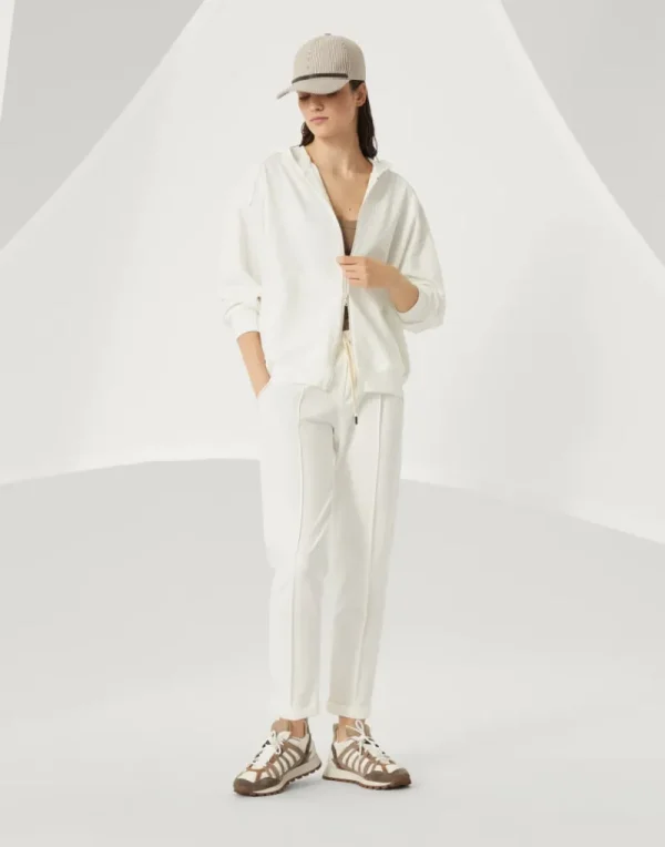 Travelwear-Brunello Cucinelli Topwear in felpa leggera di cotone stretch con zip, cappuccio e Shiny Trims Bianco (C600)