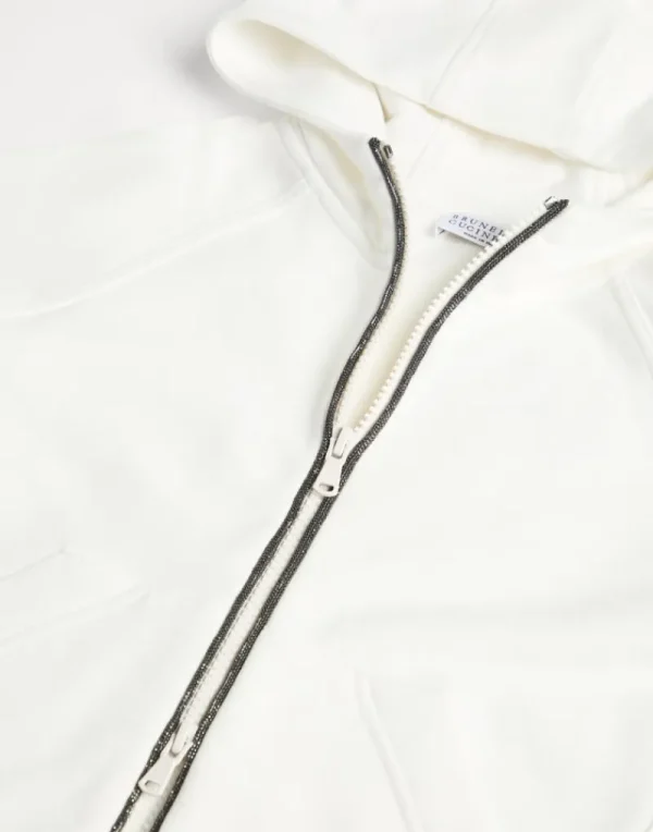 Travelwear-Brunello Cucinelli Topwear in felpa Smooth di cotone con cappuccio, zip e monile Off-White (C7220)