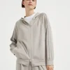 Travelwear-Brunello Cucinelli Topwear in interlock di cotone e seta con cappuccio e Precious Stripe Grigio Chiaro (C9593)