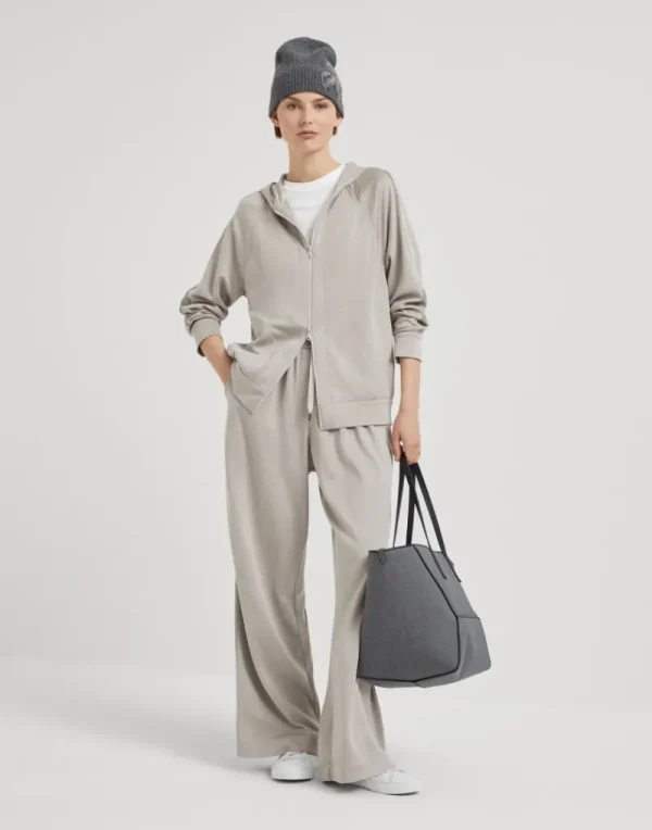 Travelwear-Brunello Cucinelli Topwear in interlock di cotone e seta con cappuccio e Precious Stripe Grigio Chiaro (C9593)