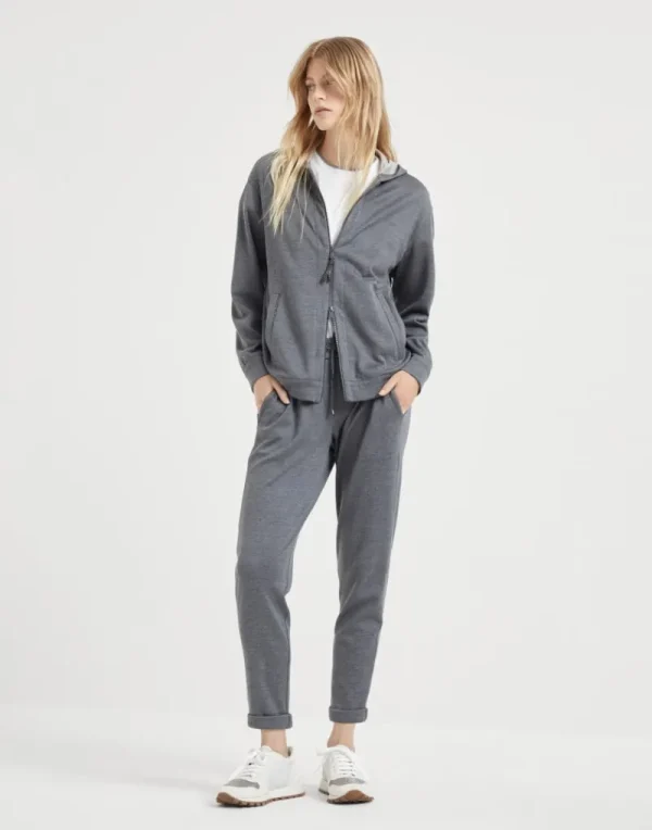 Travelwear-Brunello Cucinelli Topwear in interlock di cotone e seta con cappuccio e Precious Zipper Pull Grigio Scuro (C572)