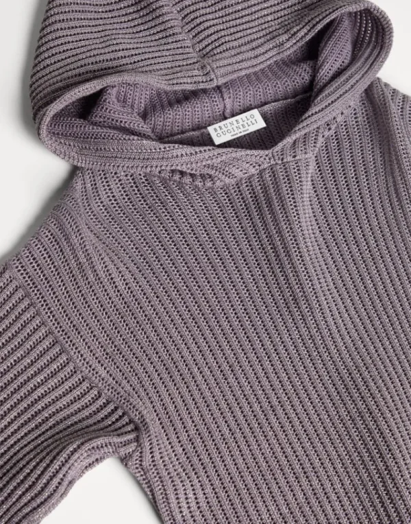 Maglieria-Brunello Cucinelli Topwear in maglia di cotone Sparkling costa traforata con cappuccio Viola (CCS57)