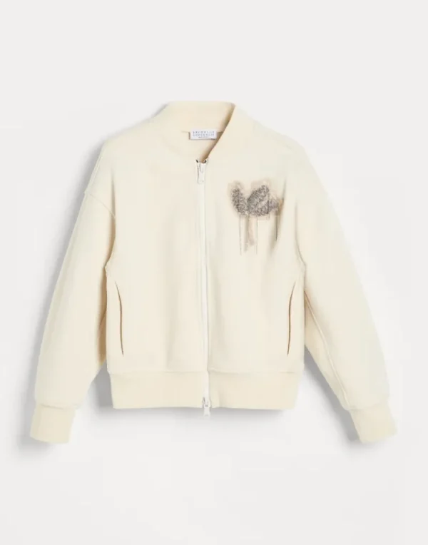 Travelwear-Brunello Cucinelli Topwear stile bomber in felpa Smooth di cotone con Precious Flower Crest Crema (C1777)