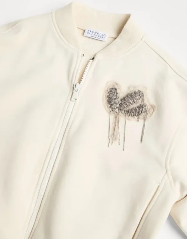 Travelwear-Brunello Cucinelli Topwear stile bomber in felpa Smooth di cotone con Precious Flower Crest Crema (C1777)