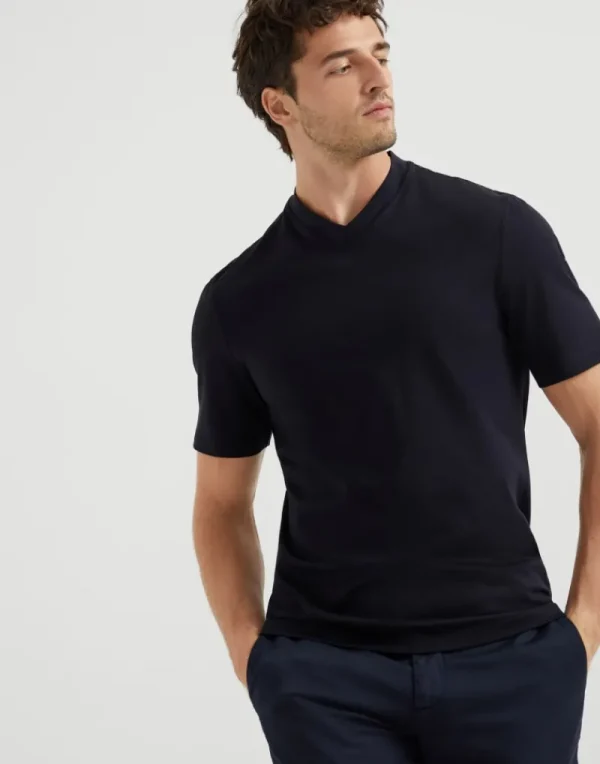 T-shirt & Polo-Brunello Cucinelli T-shirt collo a V in jersey di cotone Blu Navy (C4425)