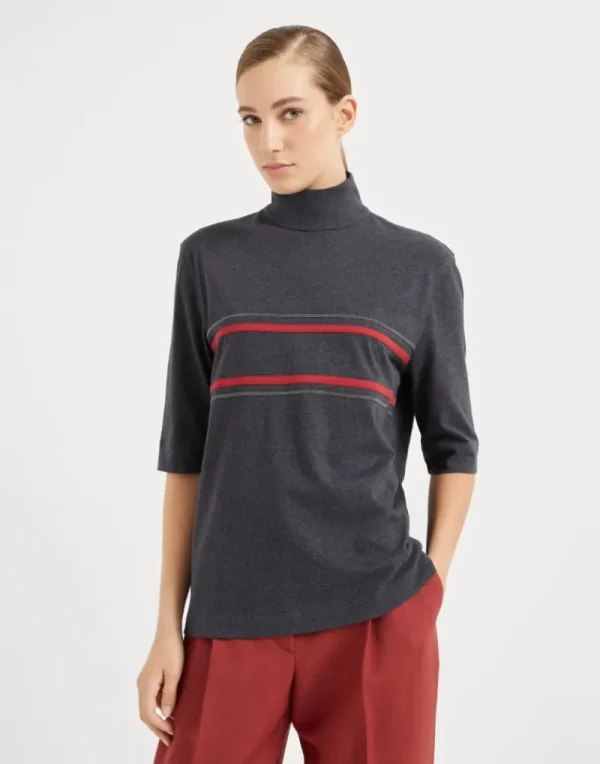 T-shirt & Top-Brunello Cucinelli T-shirt collo alto in jersey di cotone con Shiny Stripes Antracite (CBH08)